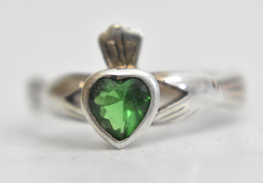 Claddagh ring Size 6.25 vintage green crystal sterling silver ring friendship band love
