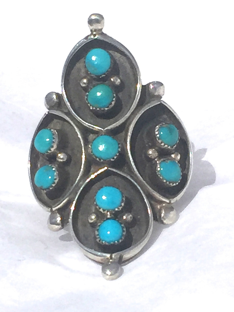 Vintage Sterling Silver Southwest Tribal Turquoise Ring Petite Pointe  Size 8.75 6.9g