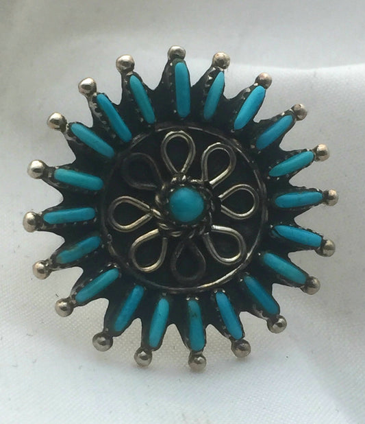 Vintage Sterling Silver Native American Zuni Turquoise Ring Petite Pointe Signed A A Size 8 7.2g