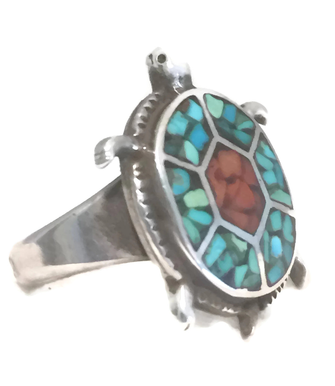 Zuni Turtle Ring Coral Turquoise Chip Sterling Silver Size 5.5