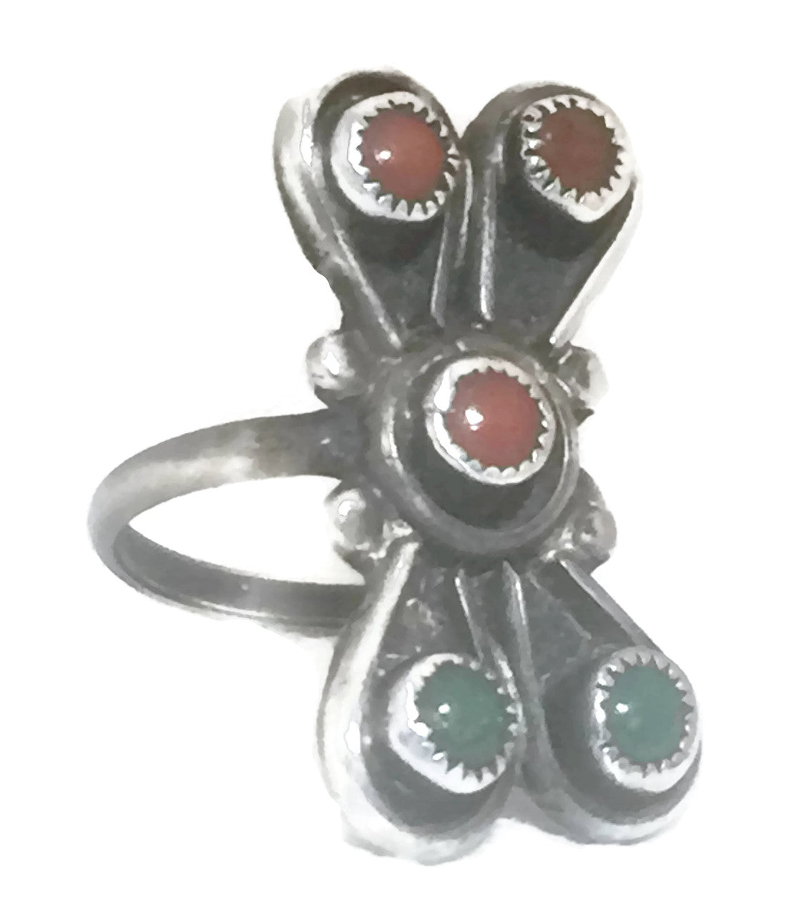 Zuni Ring Turquoise Coral Sterling Silver Pinky Size 3