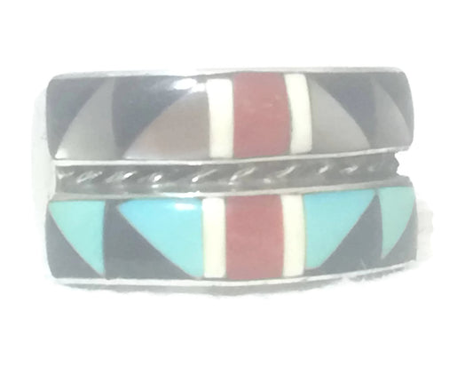 Zuni Band Turquoise Onyx Sterling Silver Ring Size 6.25