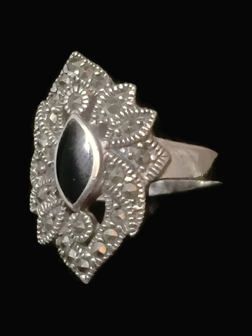 Onyx Ring Art Deco  Marcasite Sterling Silver Size 7.50