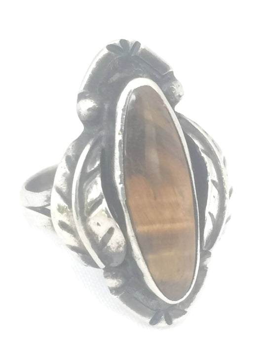 Long Tiger Eye Ring Leaves Sterling Silver Mexico Size 7