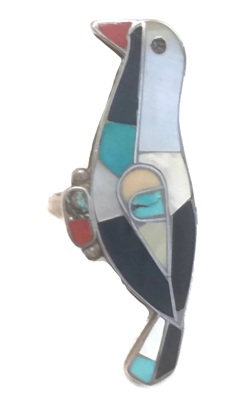 Zuni Bird Ring Onyx Turquoise MOP Sterling Silver Size 8