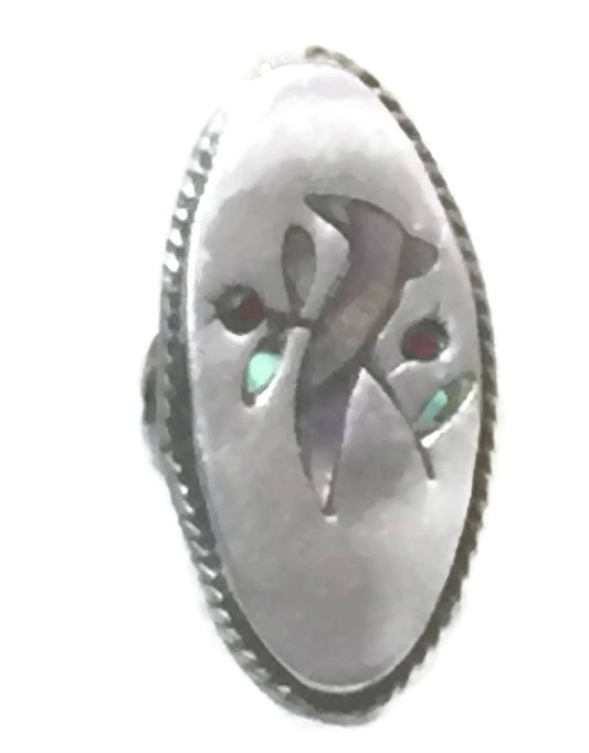 Long Bird Ring Abalone Cherry Sterling Silver Mexico Size 5