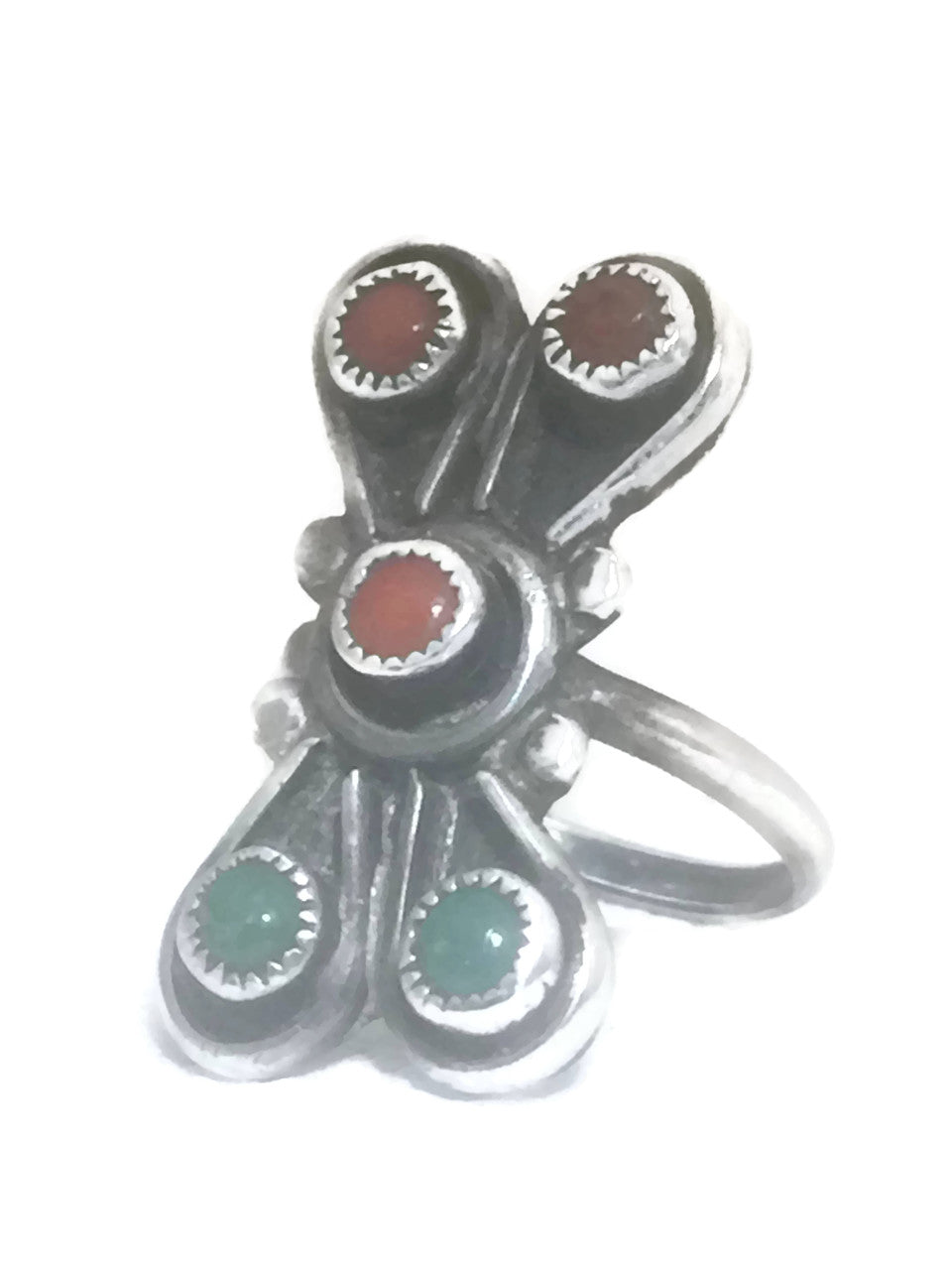 Zuni Ring Turquoise Coral Sterling Silver Pinky Size 3
