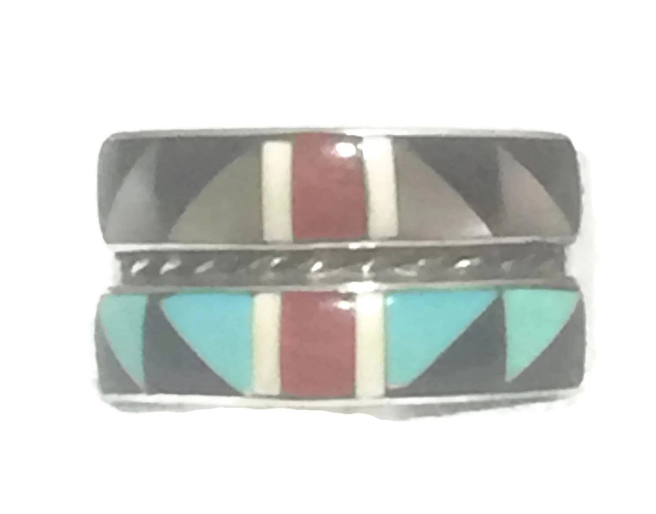Zuni Band Turquoise Onyx Sterling Silver Ring Size 6.25