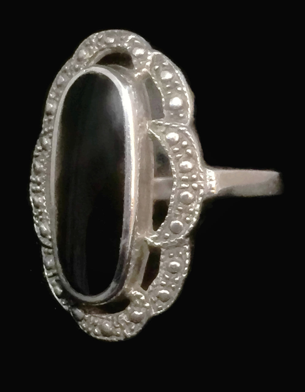 Onyx Ring Art Deco Marcasites Sterling Silver Size 7.75