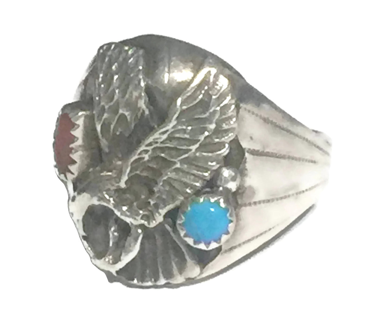 Navajo Eagle Ring Turquoise Coral Sterling Silver Size 12.5