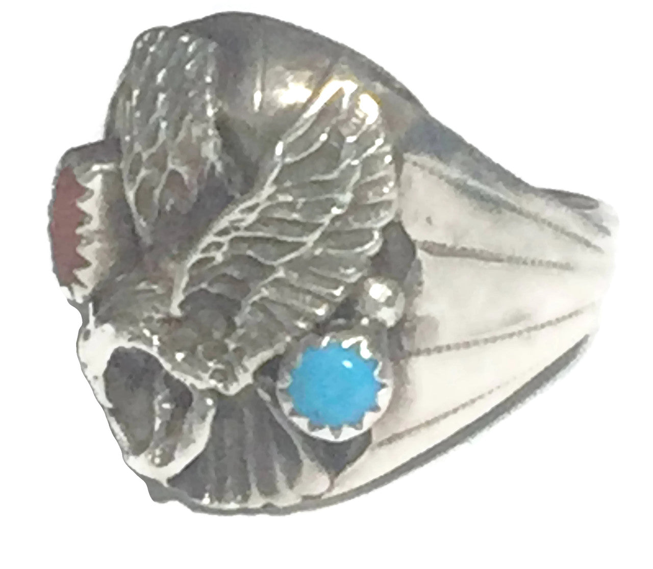 Navajo Eagle Ring Turquoise Coral Sterling Silver Size 12.5