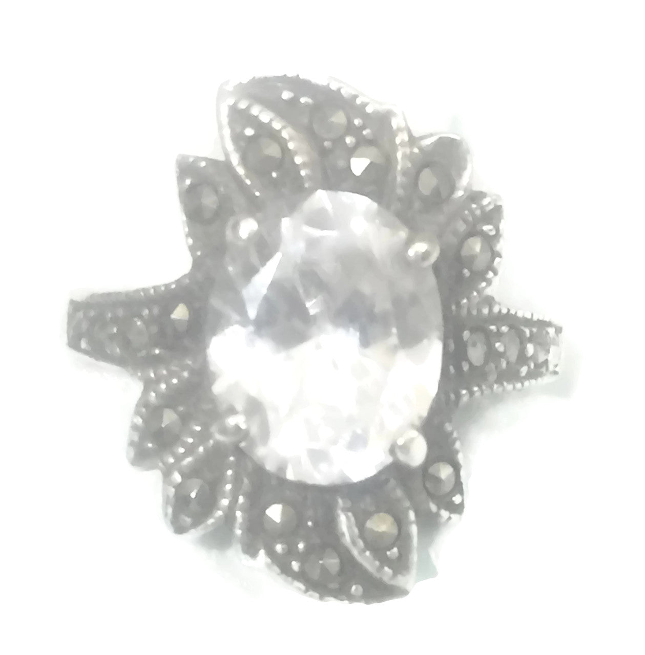 Crystal Ring Flower  Art Deco Marcasite Sterling Silver Size 6.75