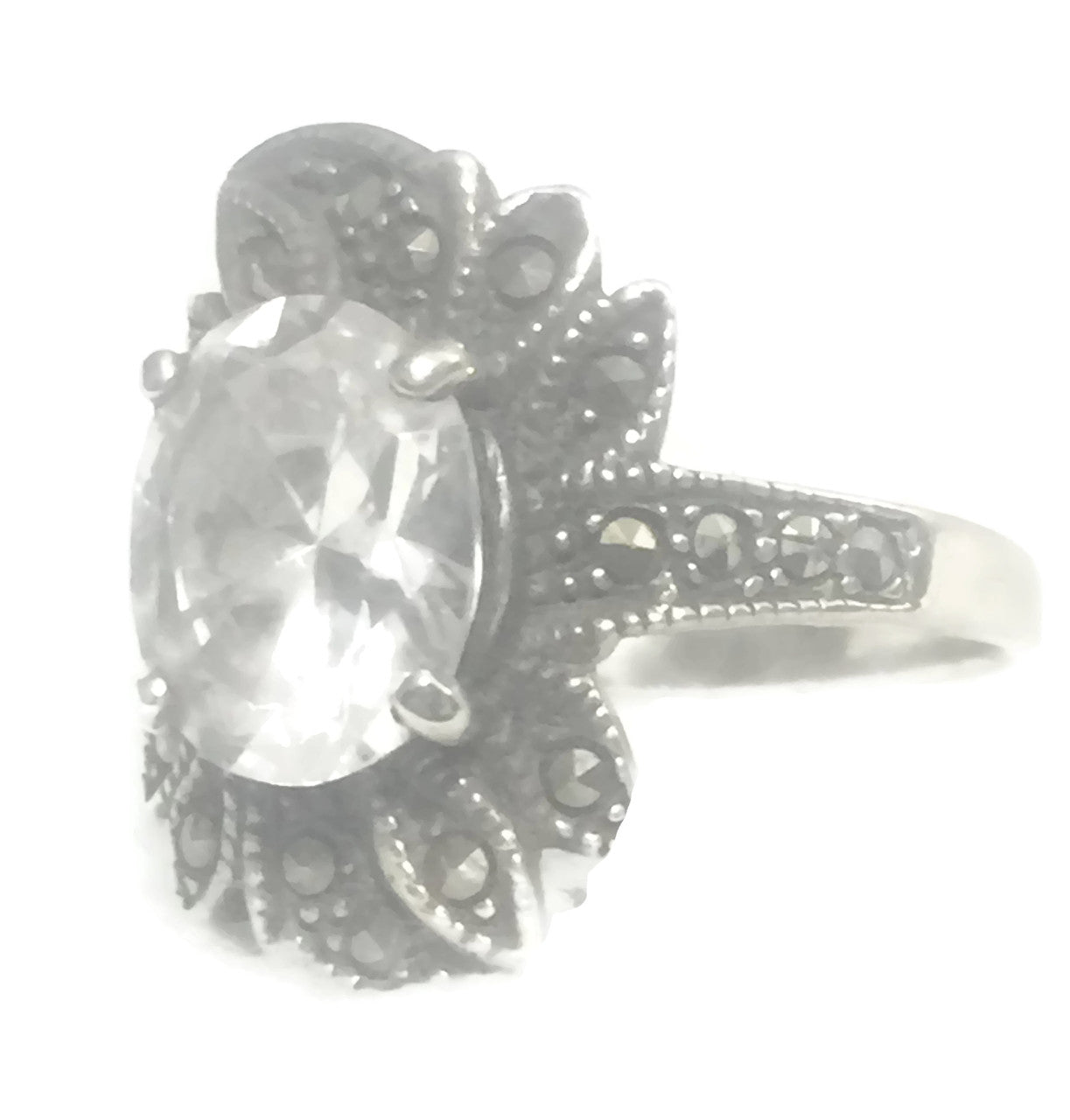 Crystal Ring Flower  Art Deco Marcasite Sterling Silver Size 6.75