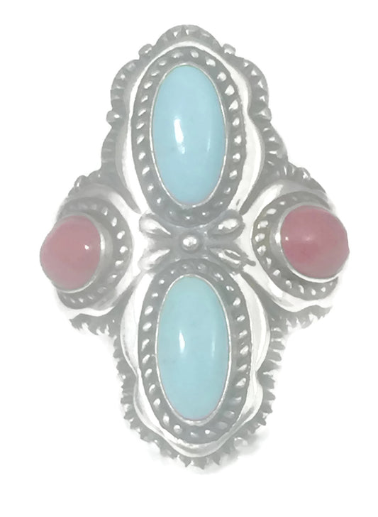 Turquoise Ring Coral  Pollack Sterling  Silver Size 8