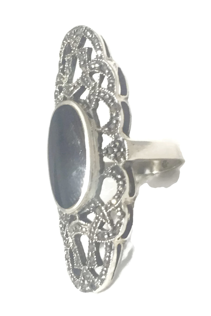 Long Marcasite Ring Onyx Art Deco Sterling Silver Size 5.50