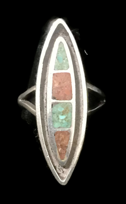 Long Turquoise Ring Coral Sterling Silver Size 5.75