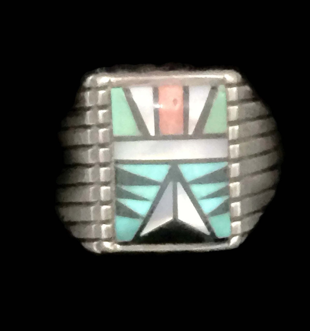 Zuni Ring Turquoise Onyx Vintage Sterling Silver Size 9.7