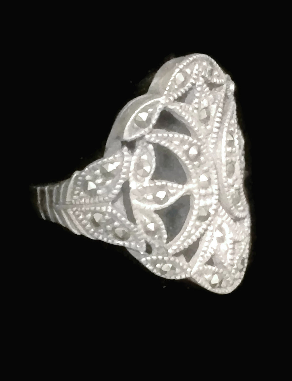 Marcasite Ring Art Deco Moon Sterling Silver Size 5.5