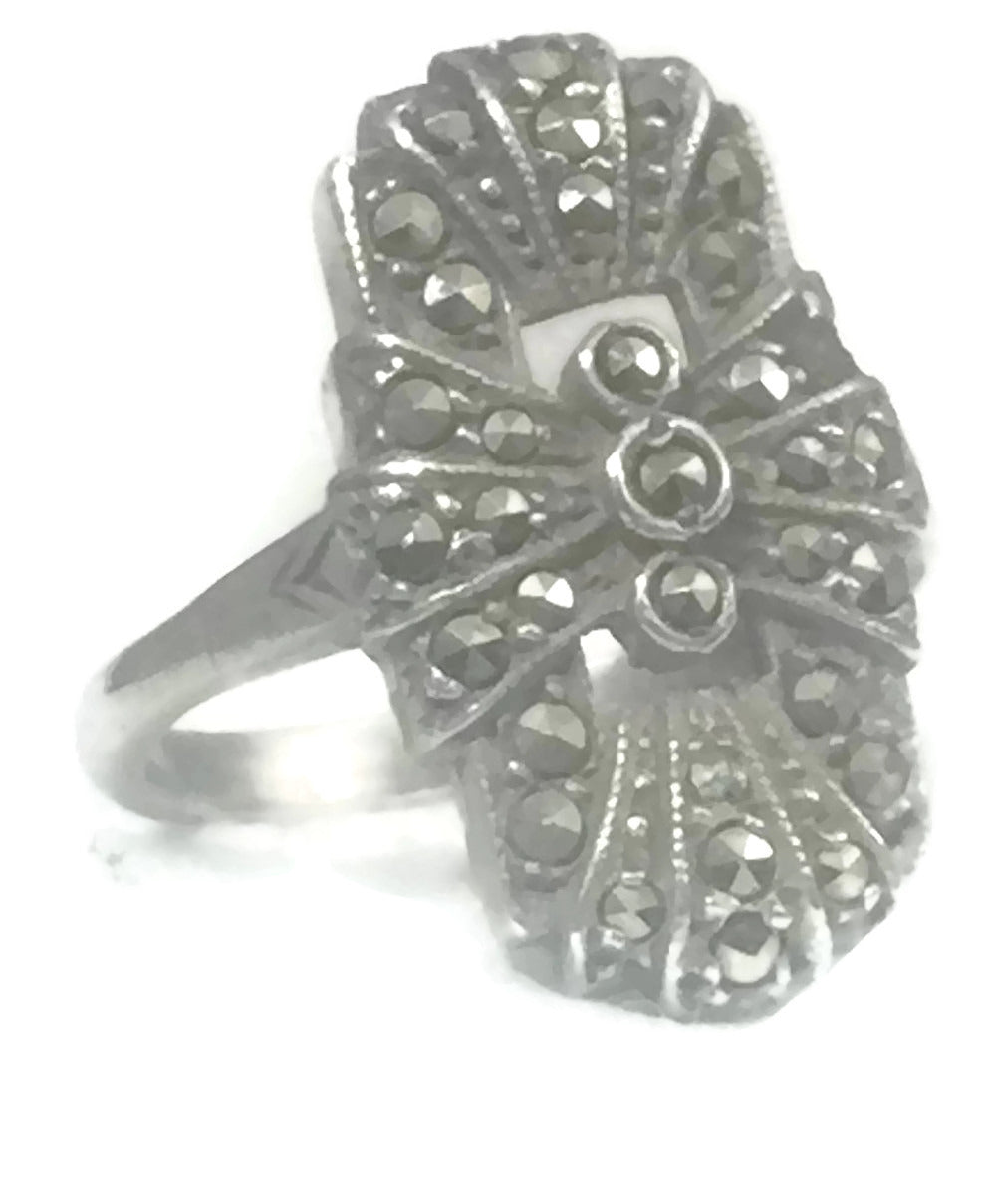 Long Marcasite Ring Art Deco Sterling Silver Size 6.5