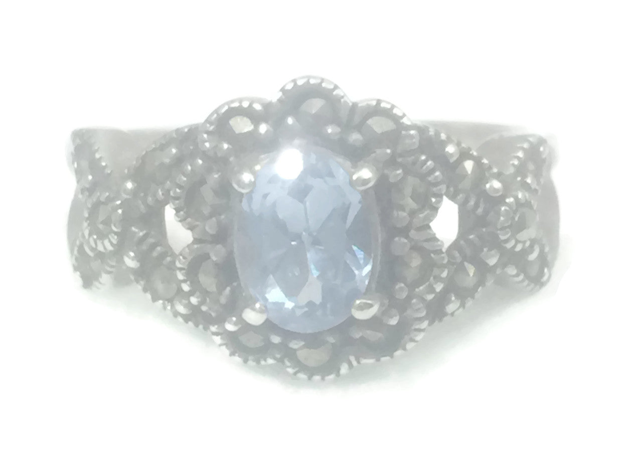 Blue Topaz Ring 7.75 Marcasites Art Deco Sterling Silver Size 7.75