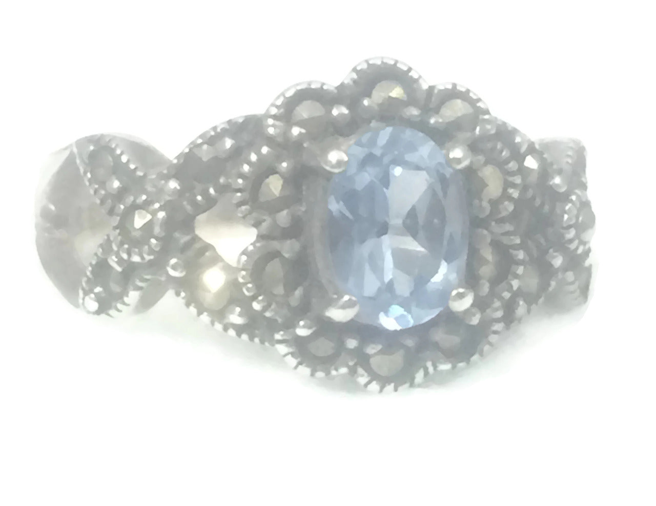 Blue Topaz Ring 7.75 Marcasites Art Deco Sterling Silver Size 7.75
