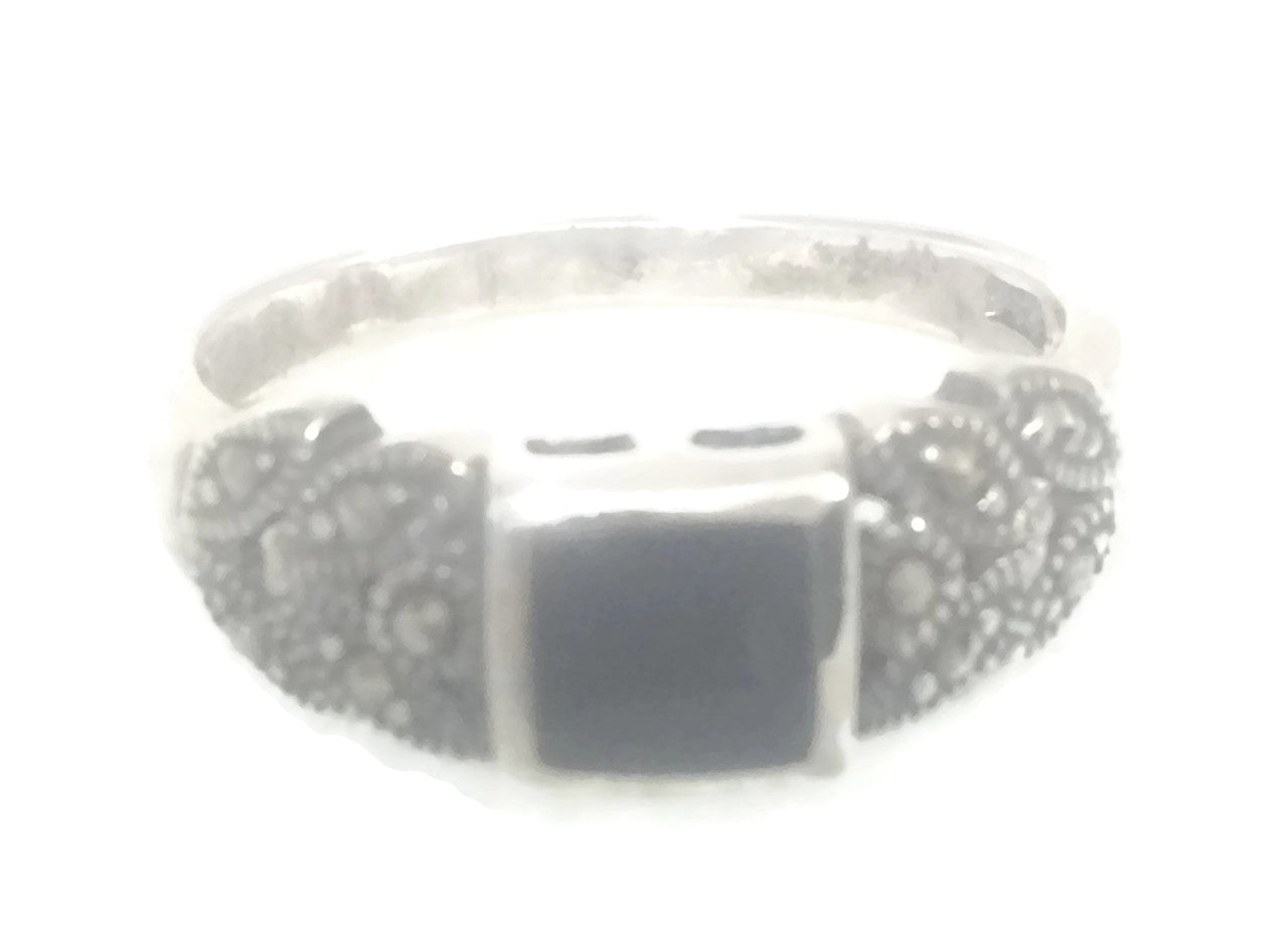 Onyx Ring Marcasites Vintage Sterling Silver Band 7.50