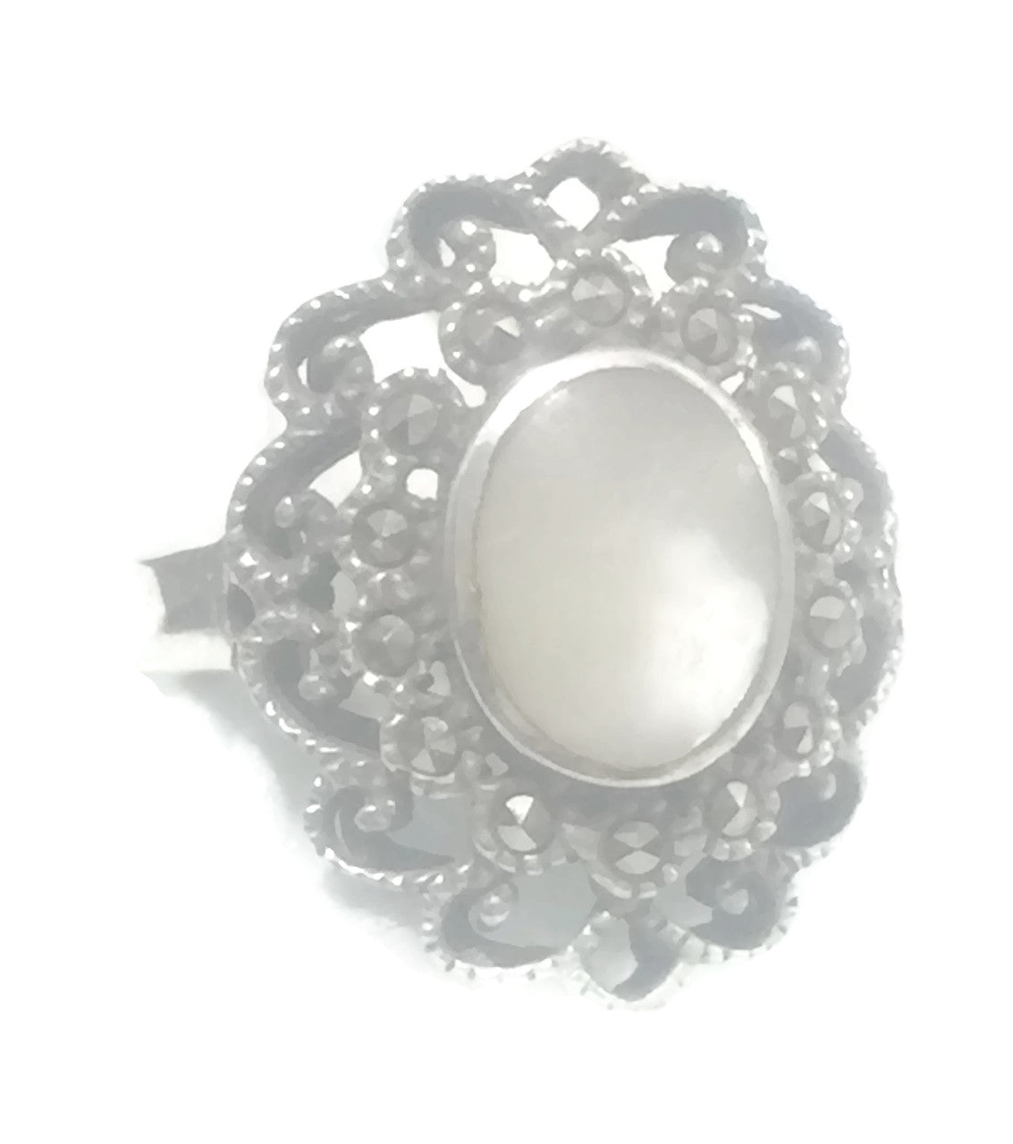 Marcasite Ring Flower MOP Art Deco sterling Silver Size 8.50