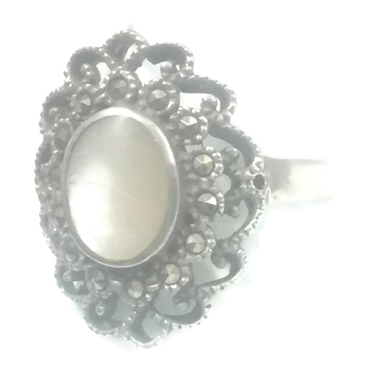 Marcasite Ring Flower MOP Art Deco sterling Silver Size 8.50