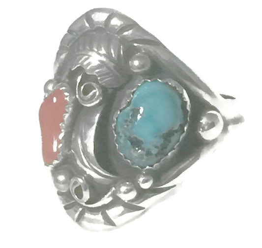 Navajo Turquoise Coral Ring Vintage Sterling Silver Sign RN Size 11.50 Men