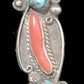 Navajo Turquoise Long Ring Coral Southwest Vintage Sterling Silver Size  5.25