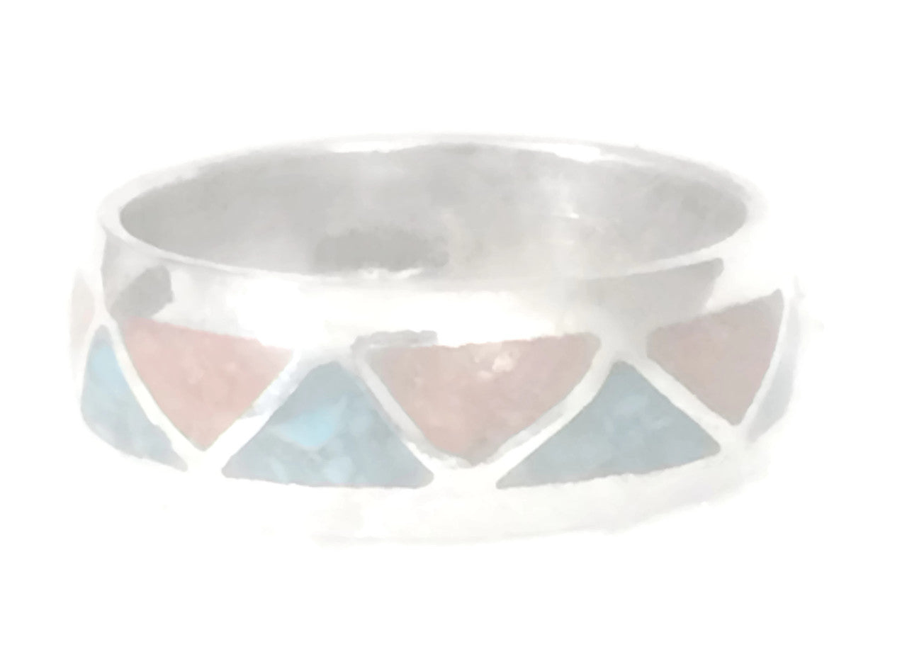 Zuni Turquoise Coral Chips Wedding Tribal Band Ring Sterling Silver Size 6.75