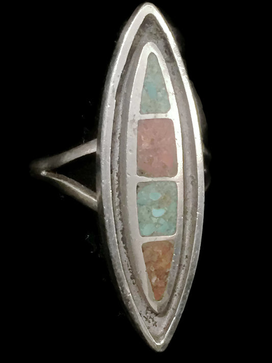 Long Turquoise Ring Coral Sterling Silver Size 5.75