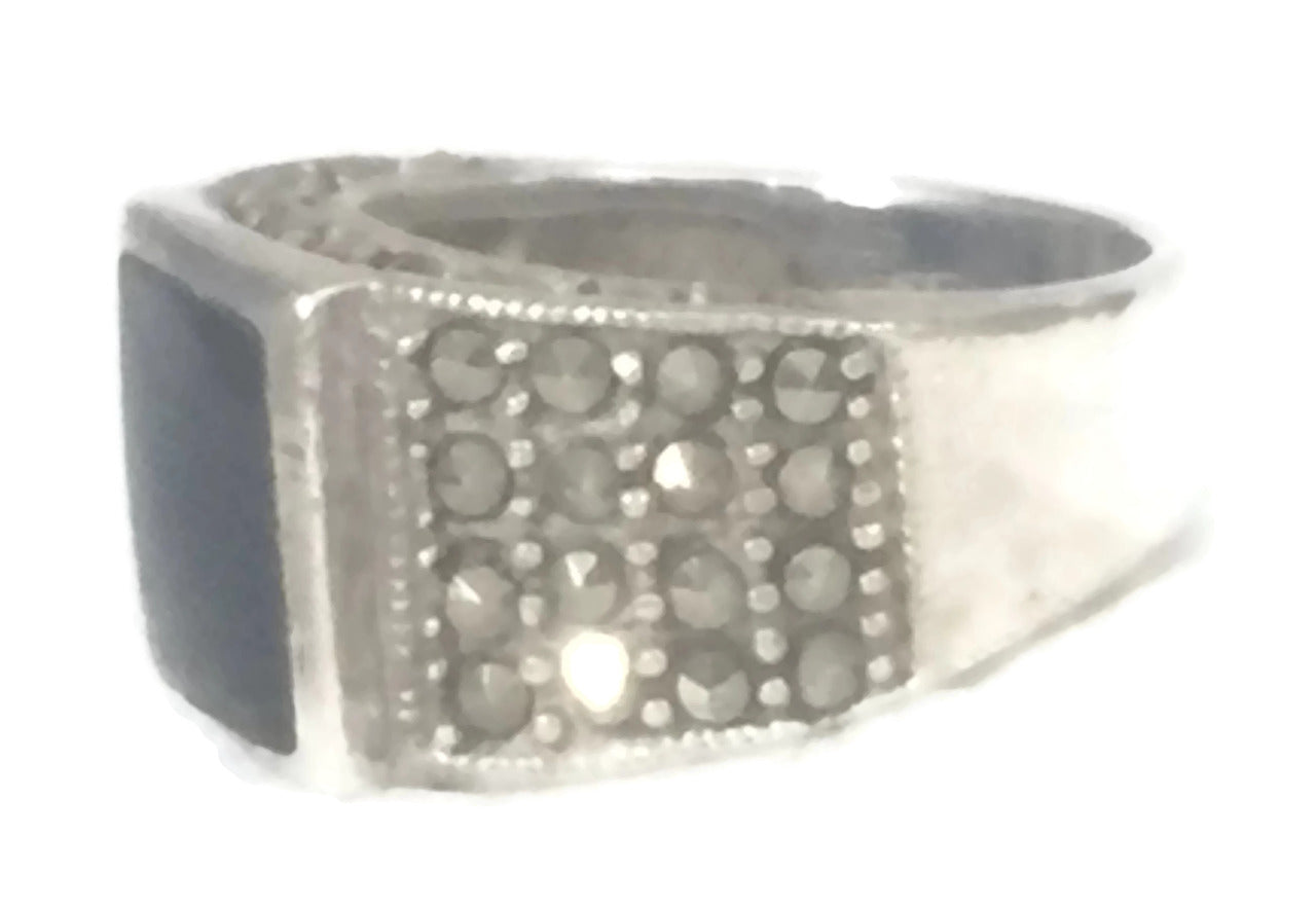 Vintage Onyx Ring Marcasites Band Size 6.25