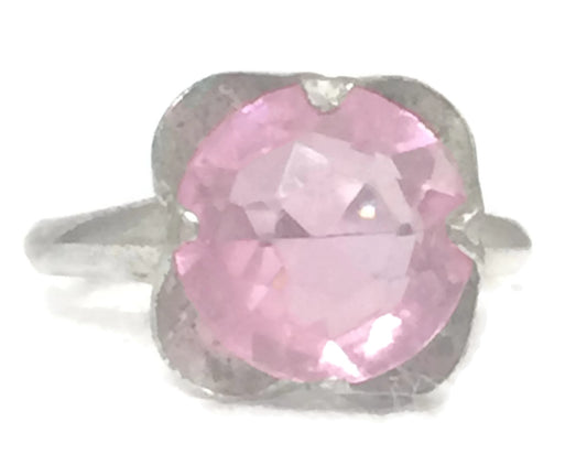 Vintage Pink Flower Ring Sterling Silver Size 7.50