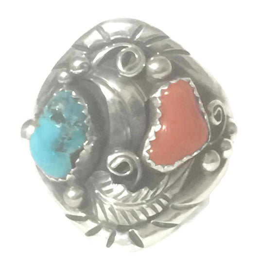 Navajo Turquoise Coral Ring Vintage Sterling Silver Sign RN Size 11.50 Men