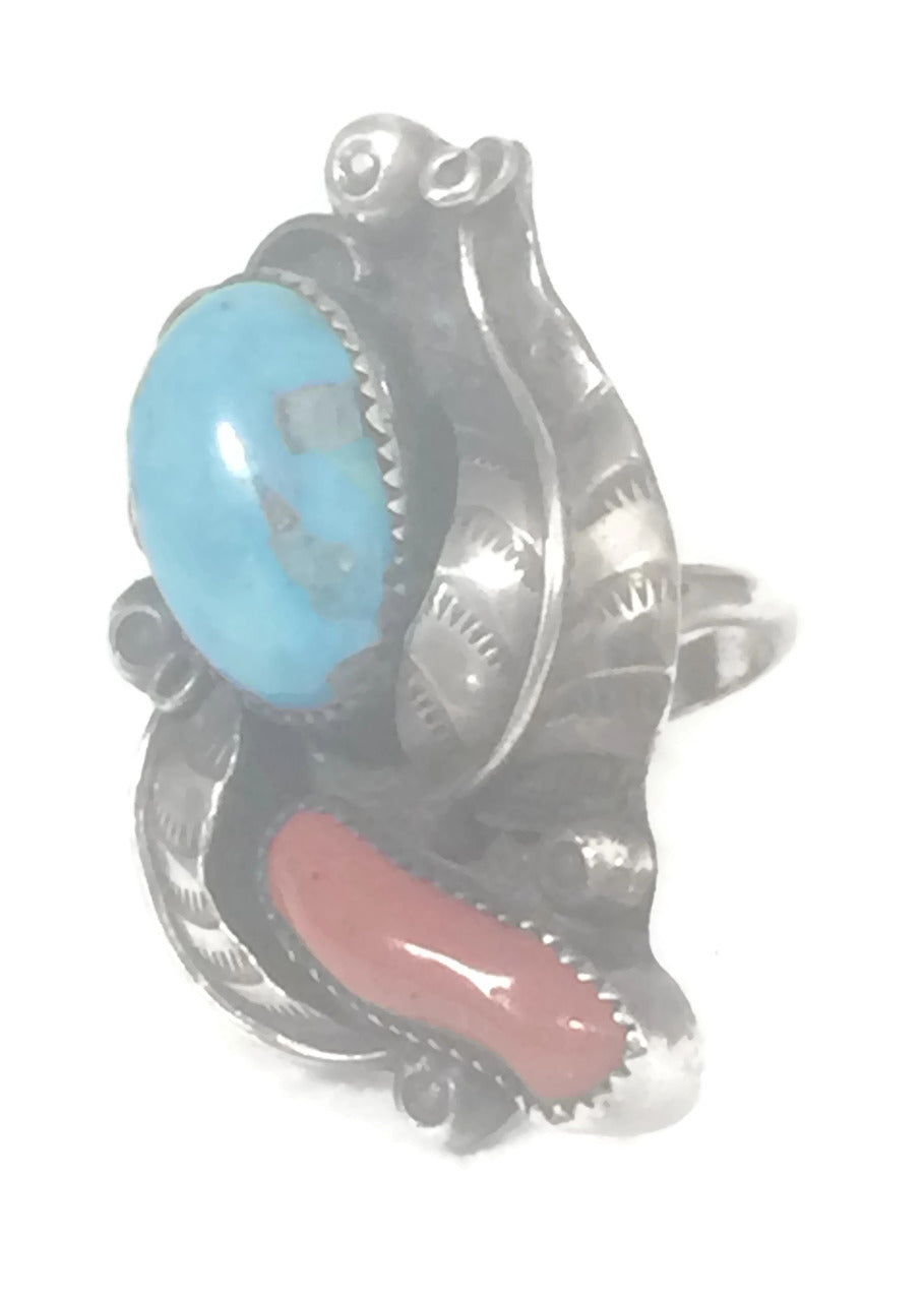 Navajo Turquoise Ring Coral Vintage Sterling Silver Size 6.50