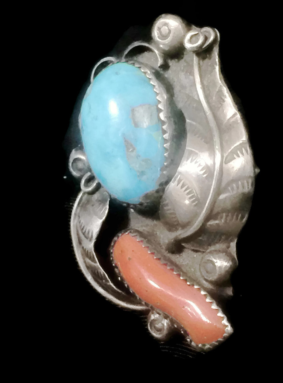 Navajo Turquoise Ring Coral Vintage Sterling Silver Size 6.50