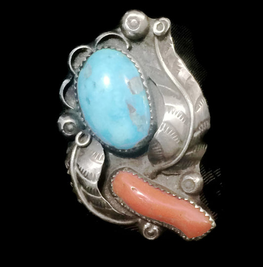 Navajo Turquoise Ring Coral Vintage Sterling Silver Size 6.50